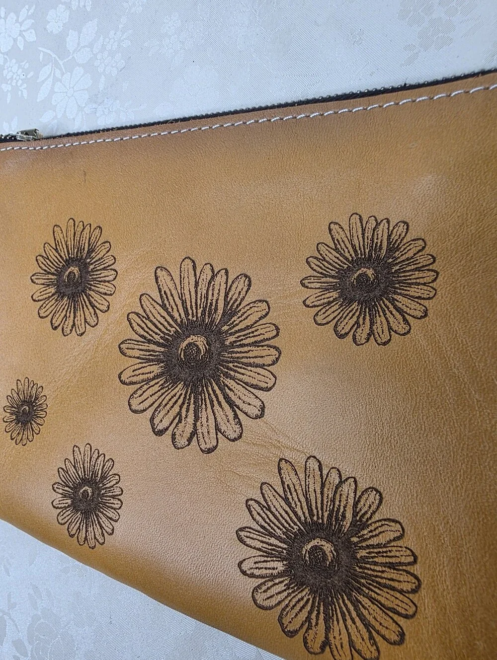 Designs by Planner Perfect Daisy Engraved Leather Pouch Makeup Planner Bag Tan